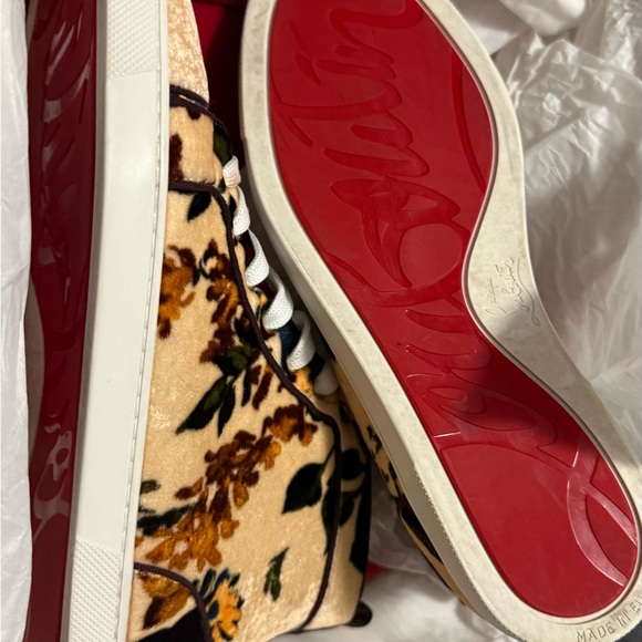 Christian Louboutin Shoes - Christian Louboutin Beige Floral Velvet Low-Top Sneakers with Red Soles
